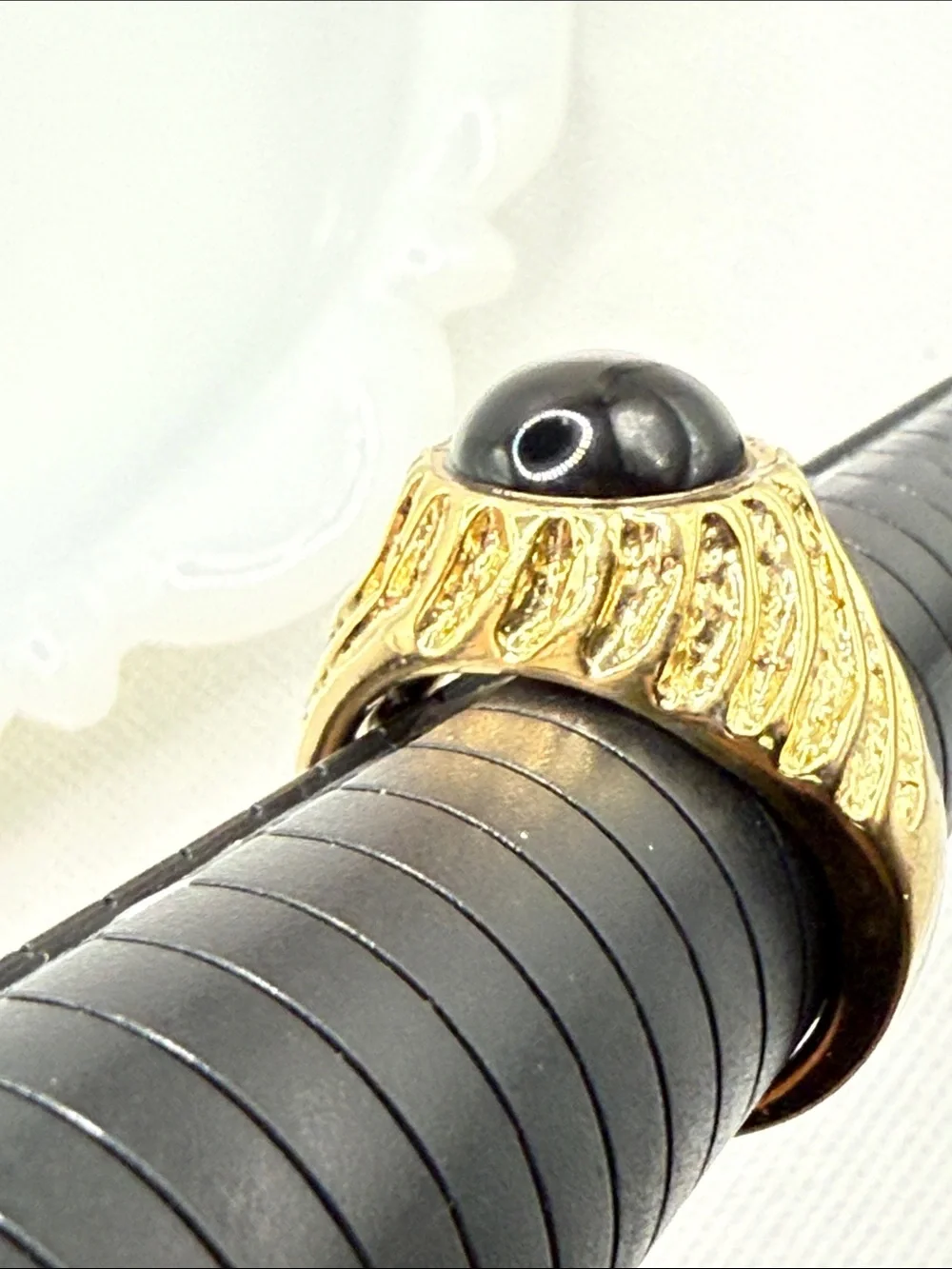 Vintage Big Gold Tone Ring with Black Cabochon size 11.5